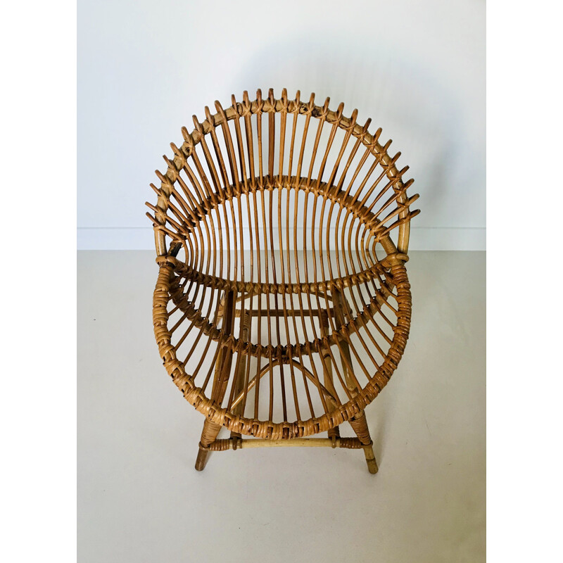 Cadeirão de concha Vintage em rotim por Franco Albini, Itália 1960