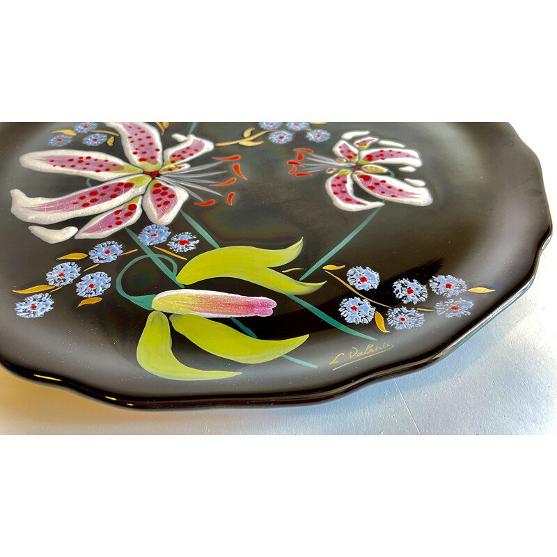 Vintage dish in Longwy earthenware with Lilies signed L.Valenti, France 1960s