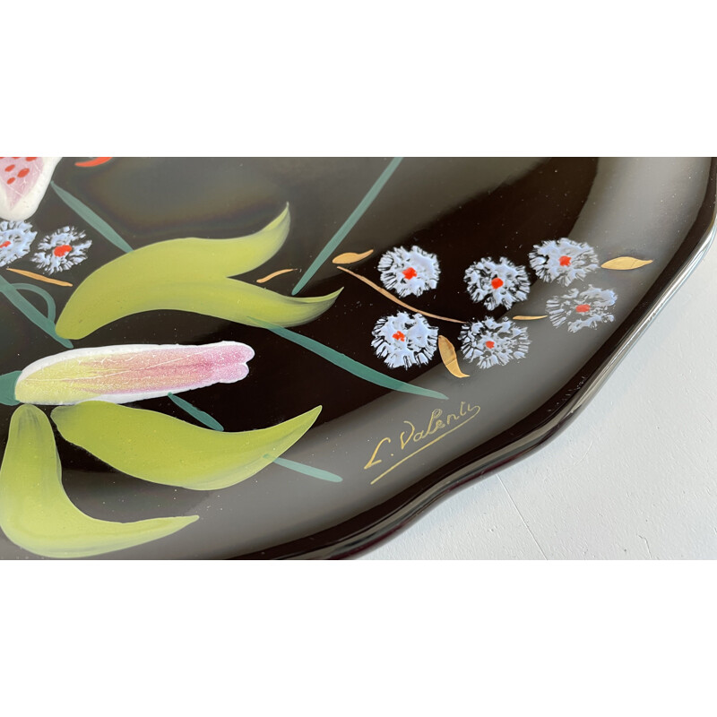 Vintage dish in Longwy earthenware with Lilies signed L.Valenti, France 1960s
