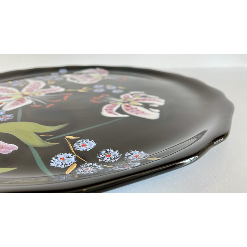 Vintage dish in Longwy earthenware with Lilies signed L.Valenti, France 1960s