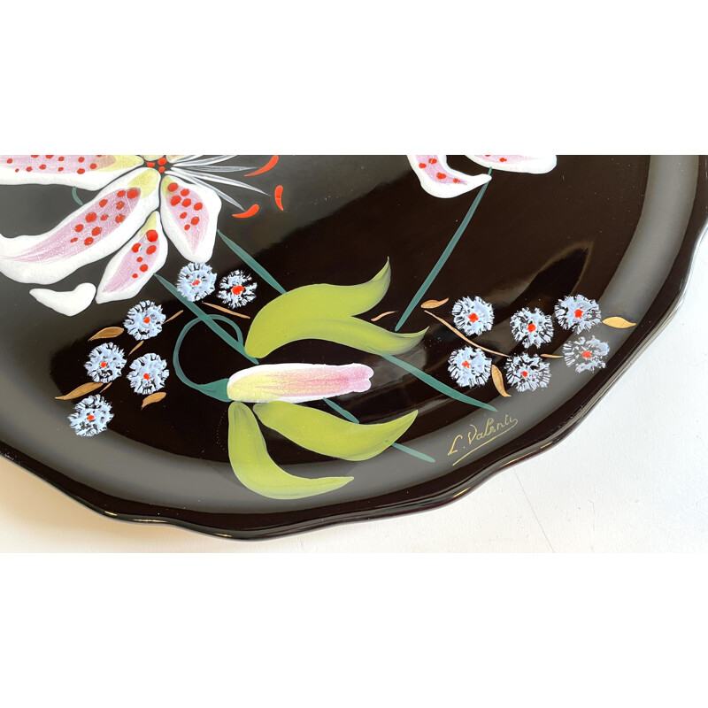 Vintage dish in Longwy earthenware with Lilies signed L.Valenti, France 1960s