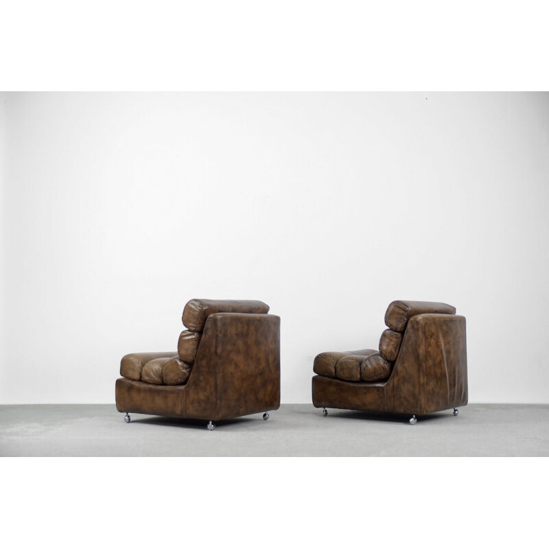 Set of 2 vintage brutalist leather mobile armchair, 1960s
