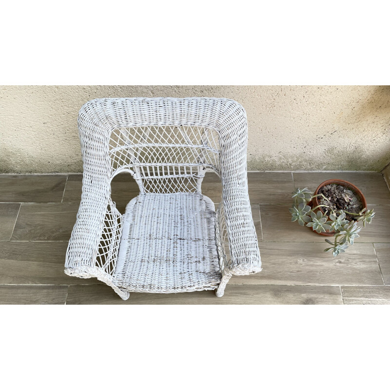 Fauteuil vintage pour enfant en rotin blanc patiné, 1970