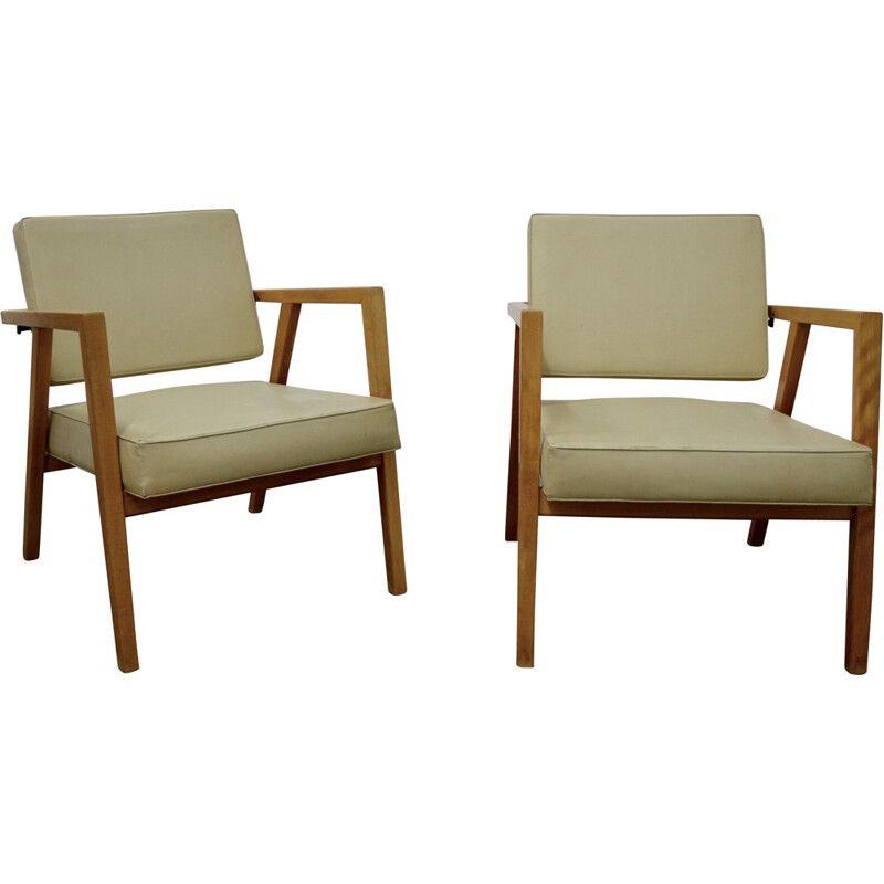 Pair of Knoll armchairs in beige leatherette and beech, Franco ALBINI - 1940s