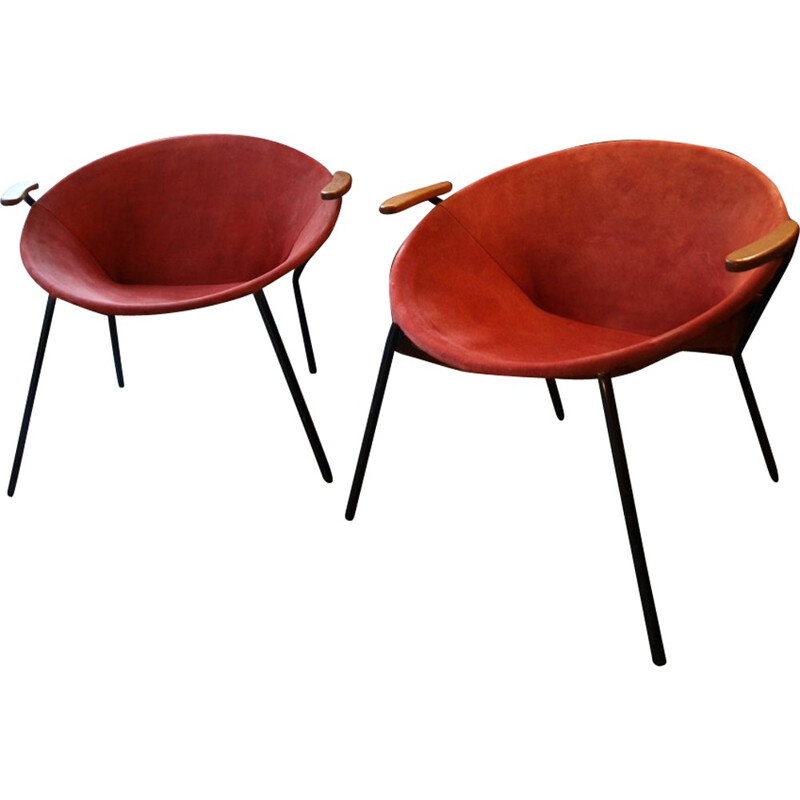 Pair of "Ballon chairs" in suede red fabric, Hans OLSEN - 1950s