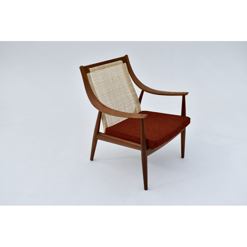 Vintage model 147 teak & rattan lounge chair by Peter Hvidt & Orla Molgaard Nielsen, Denmark 1950s