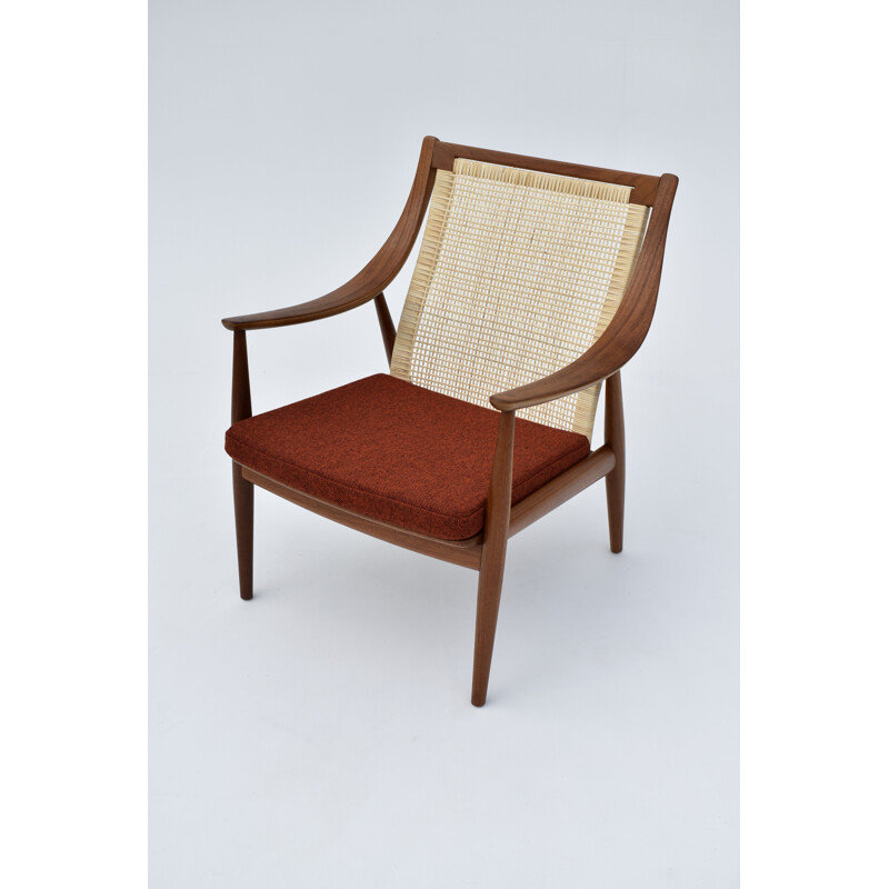 Vintage model 147 teak & rattan lounge chair by Peter Hvidt & Orla Molgaard Nielsen, Denmark 1950s