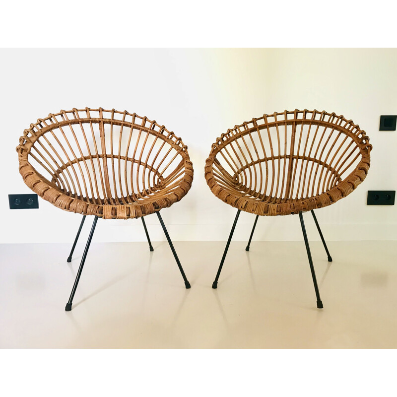 Pair of vintage rattan armchairs by Franco Albini, Italy 1960