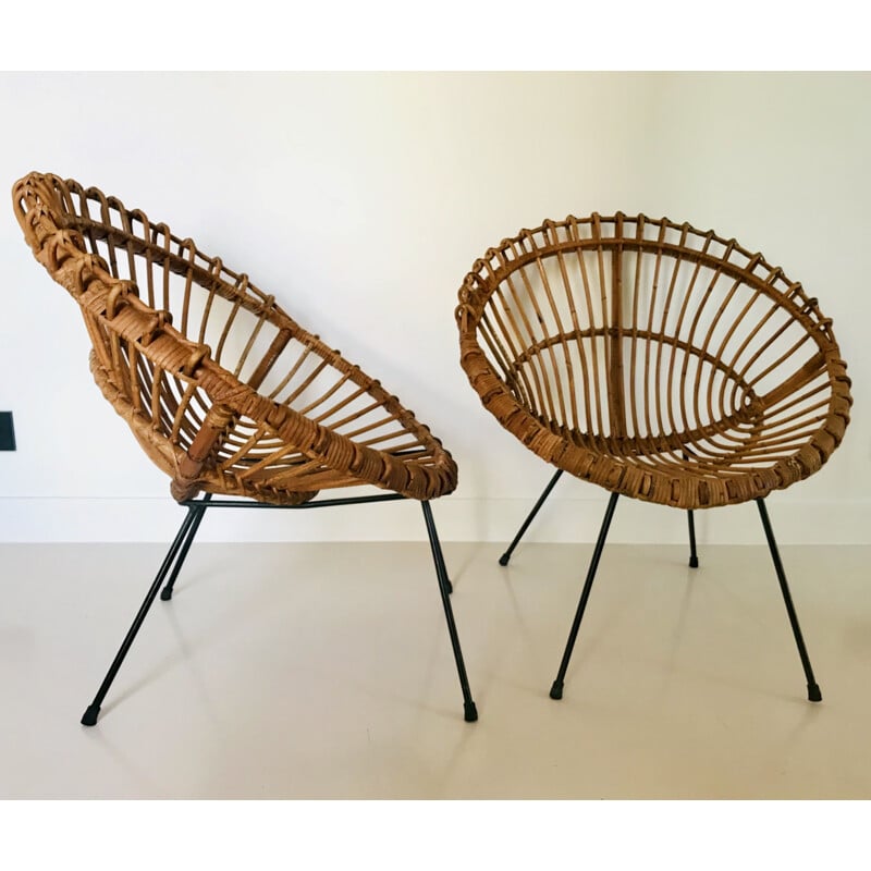 Paire de fauteuils vintage en rotin par Franco Albini, Italie 1960