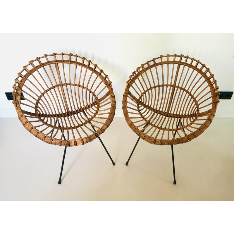 Paar vintage rotan fauteuils van Franco Albini, Italië 1960