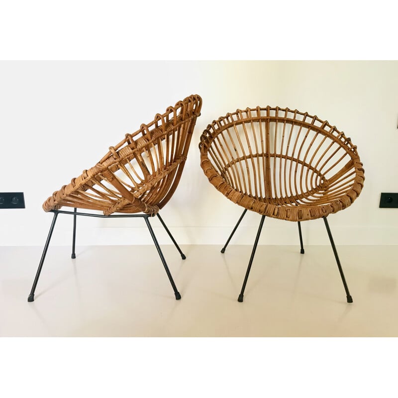 Coppia di poltrone vintage in rattan di Franco Albini, Italia 1960