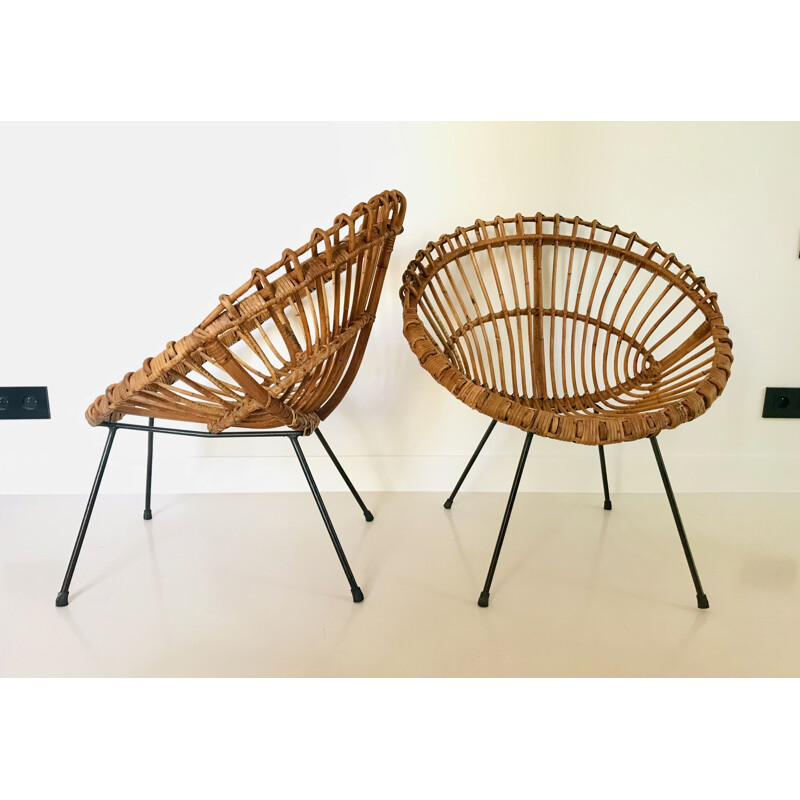 Par de poltronas de rotim de vindima de Franco Albini, Itália 1960