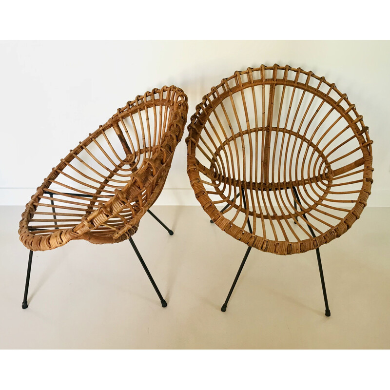 Paar vintage rotan fauteuils van Franco Albini, Italië 1960