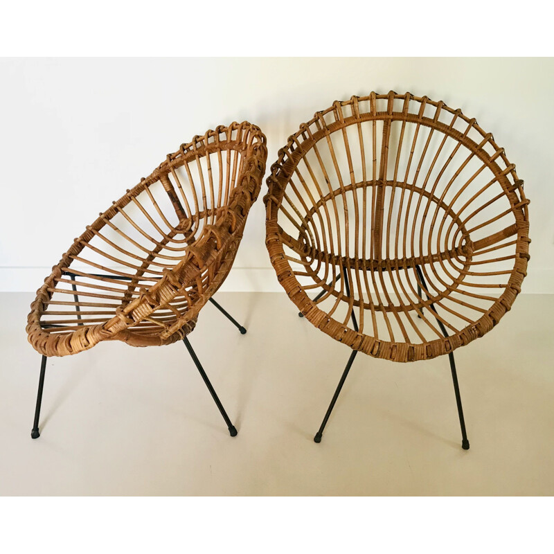 Pareja de sillones vintage de ratán de Franco Albini, Italia 1960