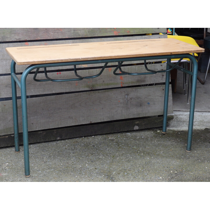 Double pupil desk with schoolbag storage - 1960s