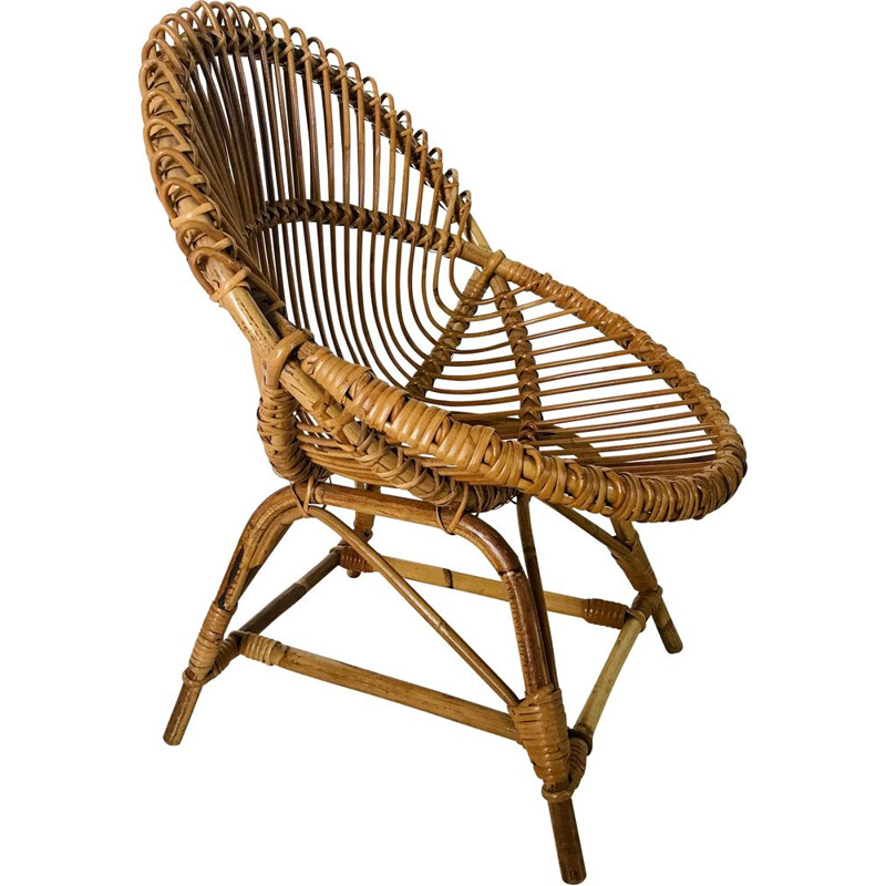 Cadeirão de concha Vintage em rotim por Franco Albini, Itália 1960