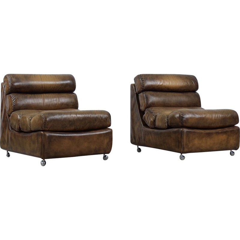 Ensemble de 2 fauteuils mobiles en cuir vintage brutaliste, 1960