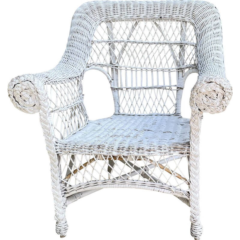 Vintage white rattan armchair for children, 1970s