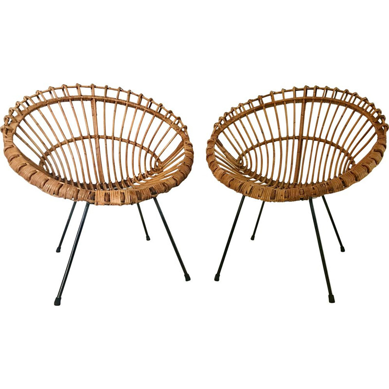 Paar vintage rotan fauteuils van Franco Albini, Italië 1960