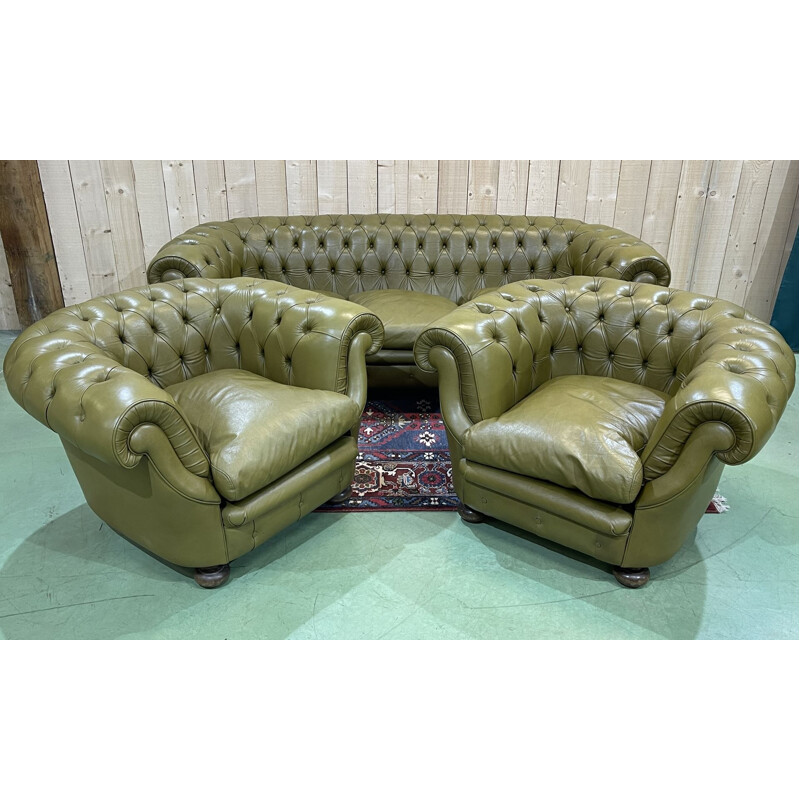 Salon vintage anglais Chesterfield en cuir, 1980