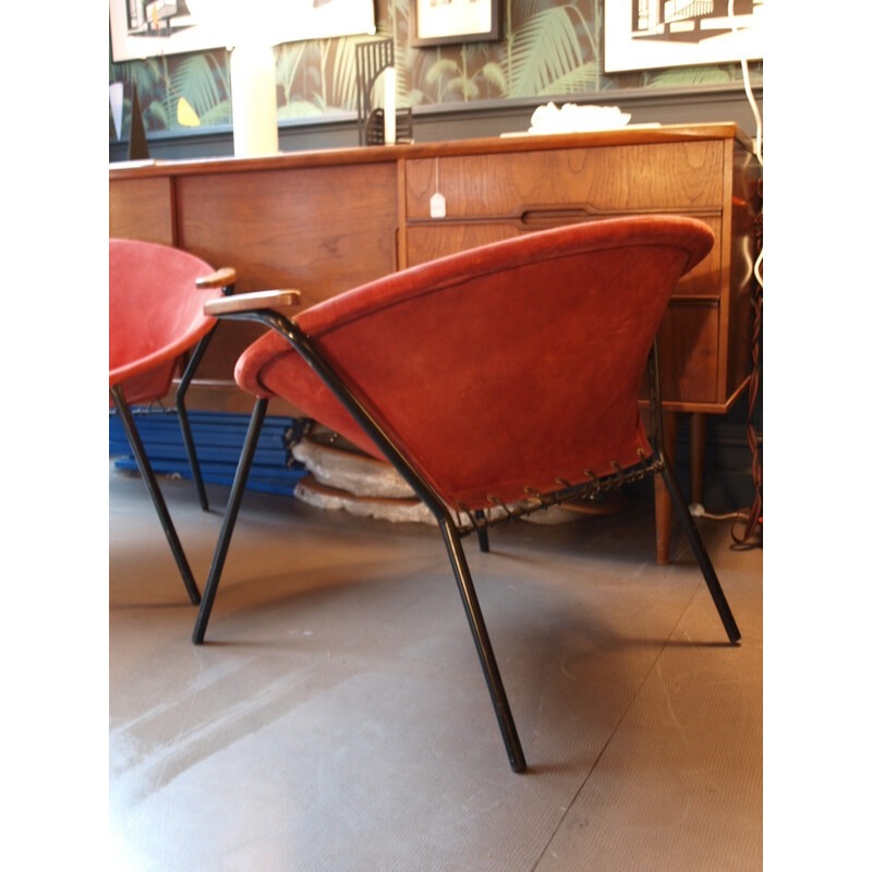 Pair of "Ballon chairs" in suede red fabric, Hans OLSEN - 1950s