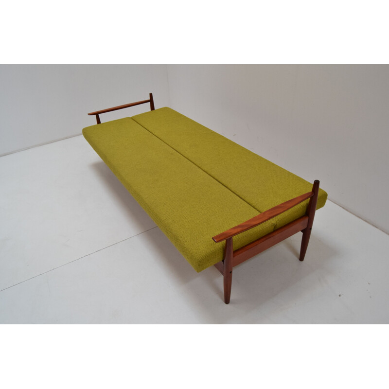 Mid-century folding fabric and oakwood sofa by TON, Czechoslovakia 1960s