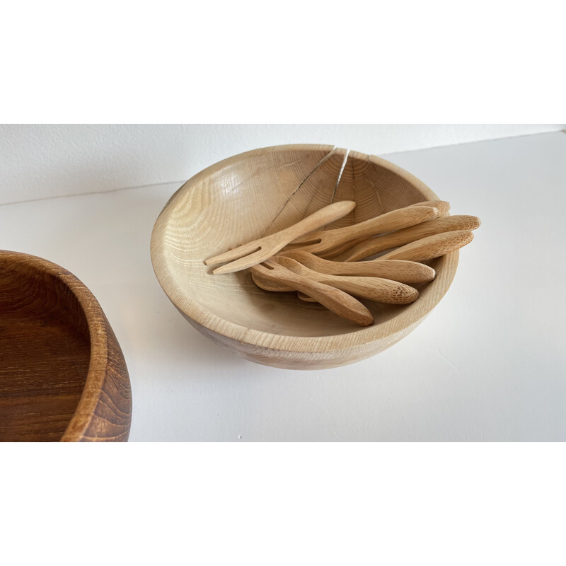 Set of vintage 3 wooden bowls and 12 mini aperitif cutlery