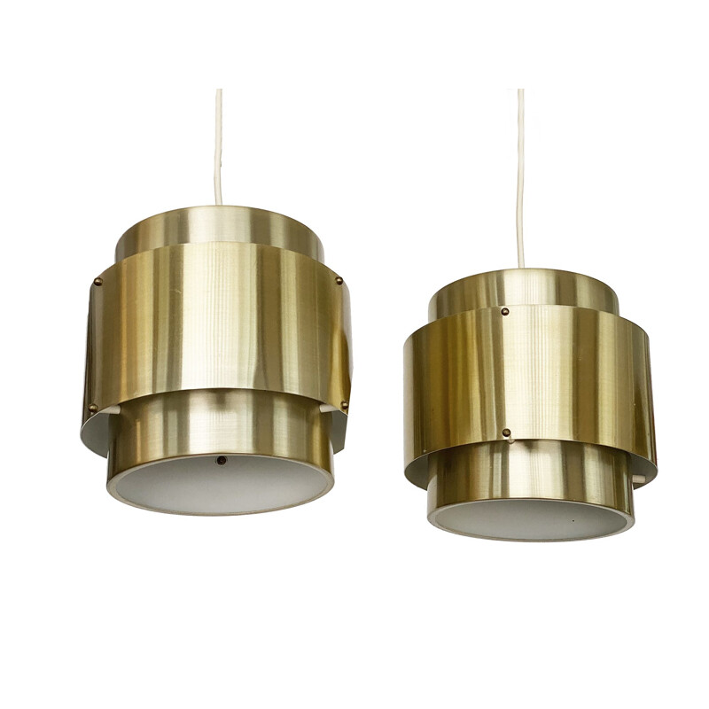 Pair of vintage pendant lamps in brushed golden aluminum, Sweden 1960s