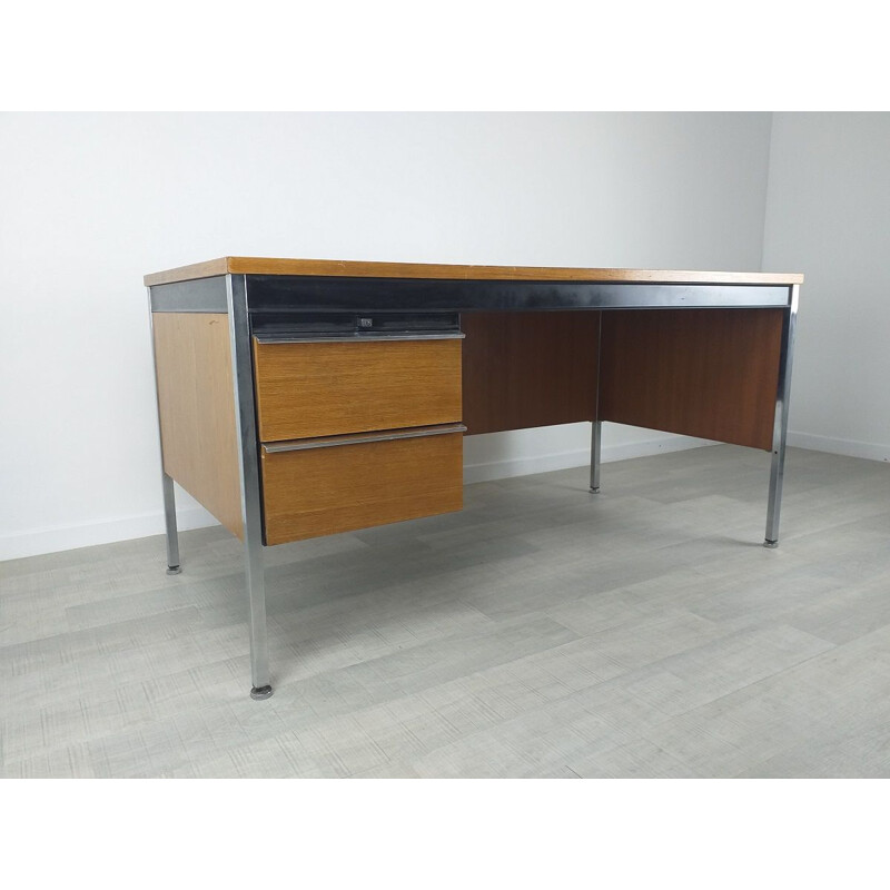 Vintage modernist oakwood and metal executive desk, 1970