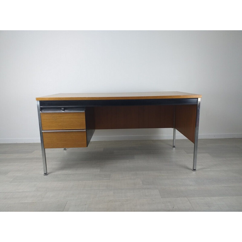 Vintage modernist oakwood and metal executive desk, 1970