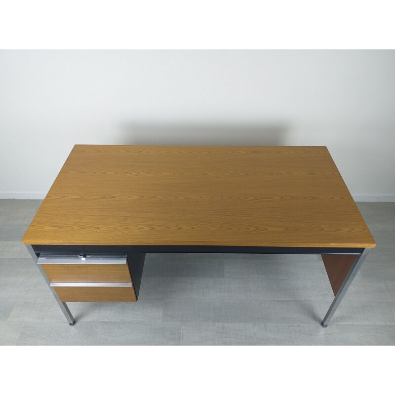 Bureau de direction vintage moderniste en chêne et métal, 1970