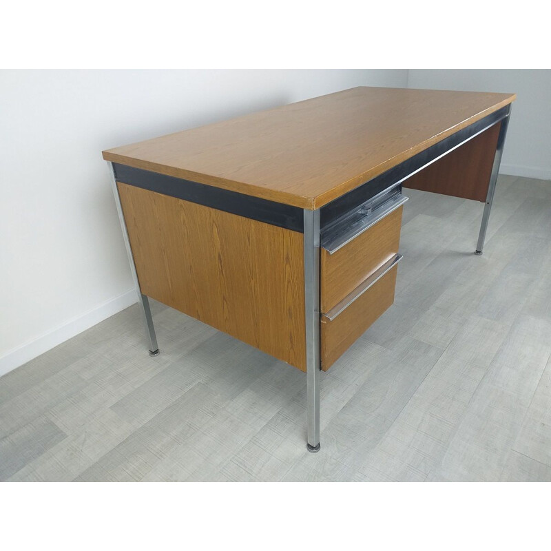 Bureau de direction vintage moderniste en chêne et métal, 1970