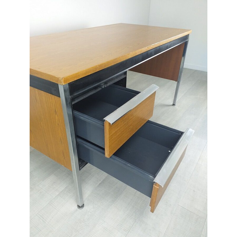 Vintage modernist oakwood and metal executive desk, 1970