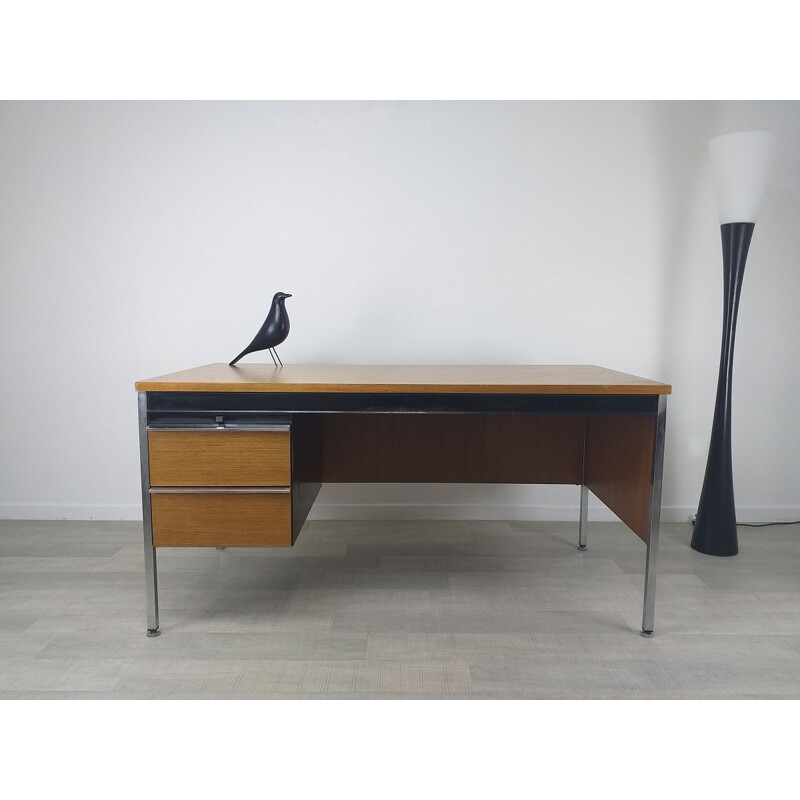 Vintage modernist oakwood and metal executive desk, 1970