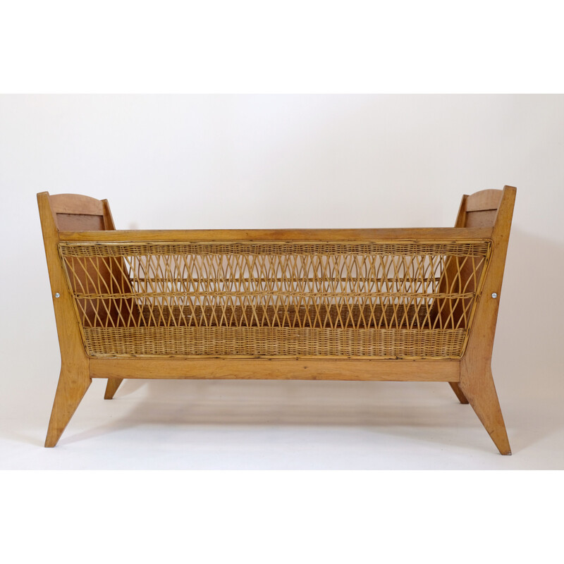 Vintage children's bed or cradle with wicker decor, 1960-1970s