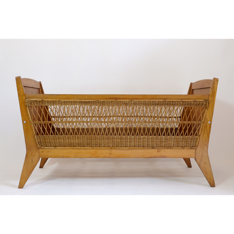 Vintage children's bed or cradle with wicker decor, 1960-1970s