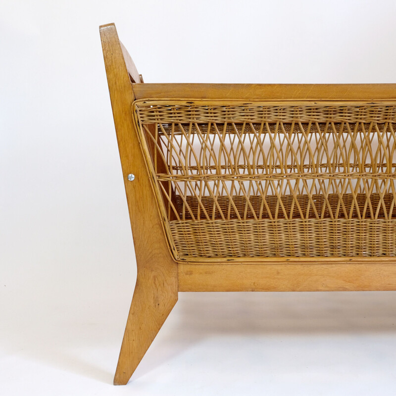 Vintage children's bed or cradle with wicker decor, 1960-1970s