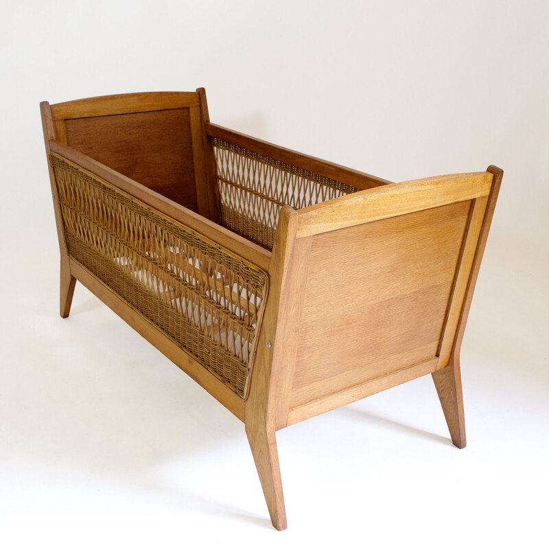 Vintage children's bed or cradle with wicker decor, 1960-1970s