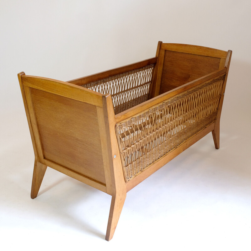 Vintage children's bed or cradle with wicker decor, 1960-1970s