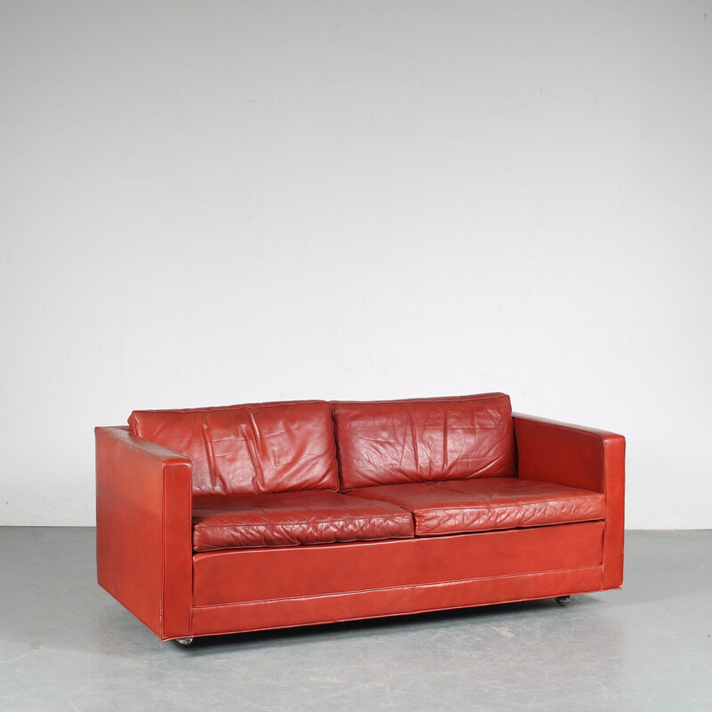 Vintage red leather sofa by Pierre Paulin for Artifort, Netherlands 1960