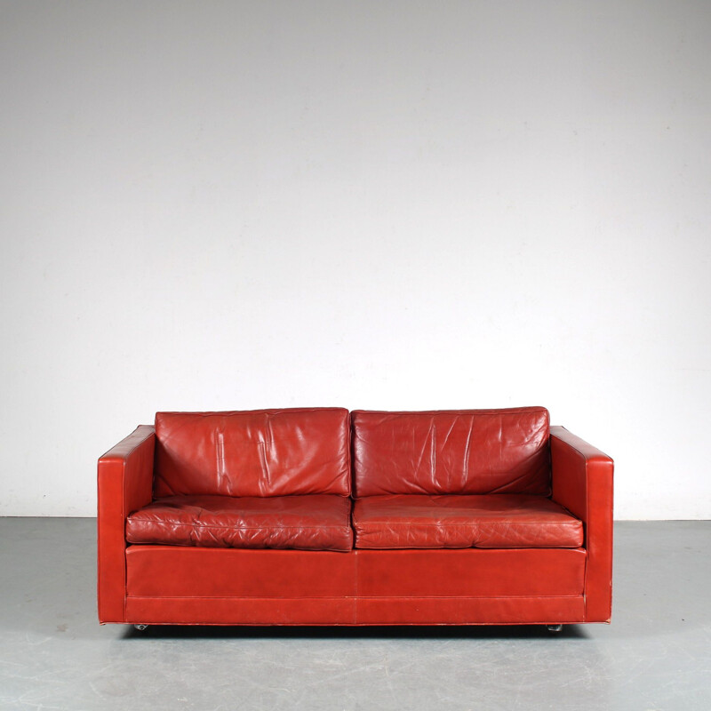 Vintage red leather sofa by Pierre Paulin for Artifort, Netherlands 1960