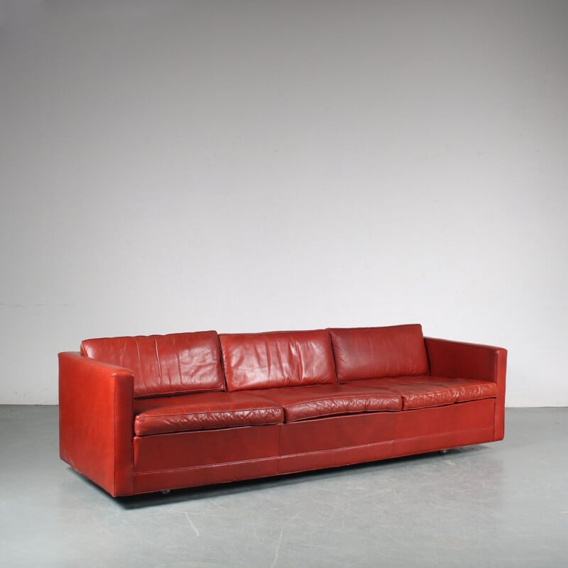 Mid century red leather 3-seater sofa by Pierre Paulin for Artifort, Netherlands 1960s