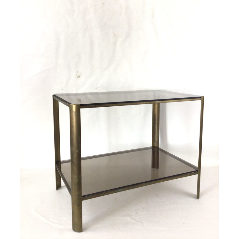 Vintage bronze and stained glass side table by Jacques Quinet for Broncz, 1960