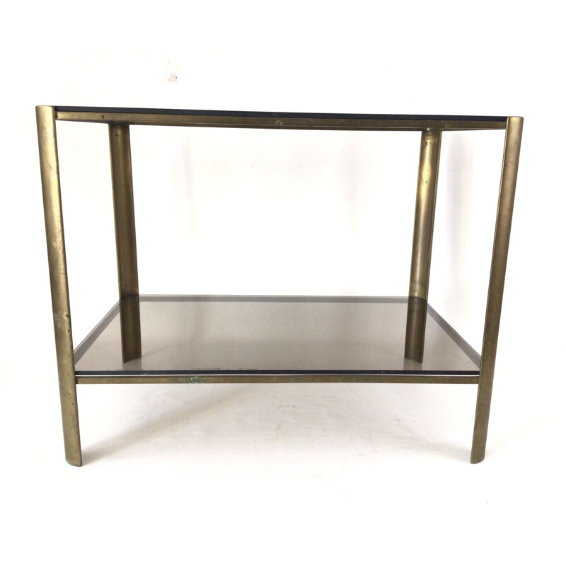 Vintage bronze and stained glass side table by Jacques Quinet for Broncz, 1960