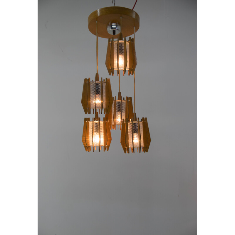 Vintage glass and wood chandelier and sconce set by Drevo Humpolec, Czech 1970