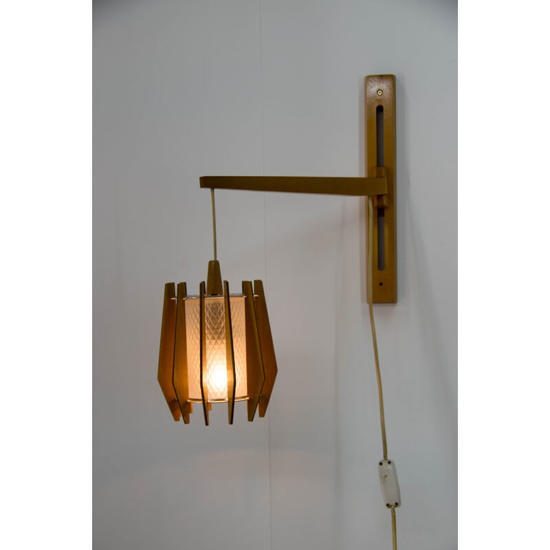 Vintage glass and wood chandelier and sconce set by Drevo Humpolec, Czech 1970