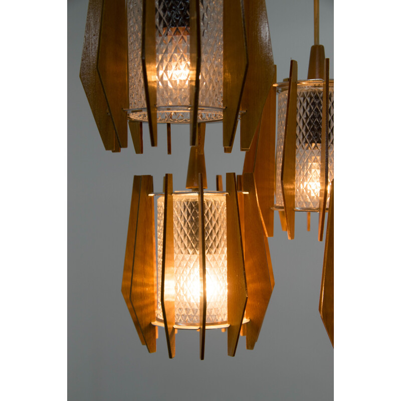 Vintage glass and wood chandelier and sconce set by Drevo Humpolec, Czech 1970