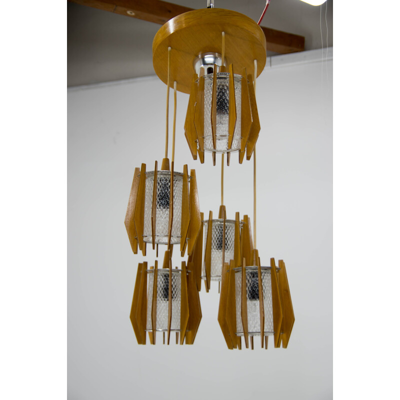 Vintage glass and wood chandelier and sconce set by Drevo Humpolec, Czech 1970