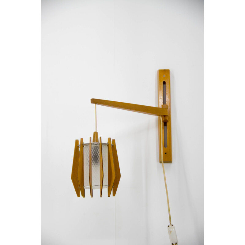 Vintage glass and wood chandelier and sconce set by Drevo Humpolec, Czech 1970