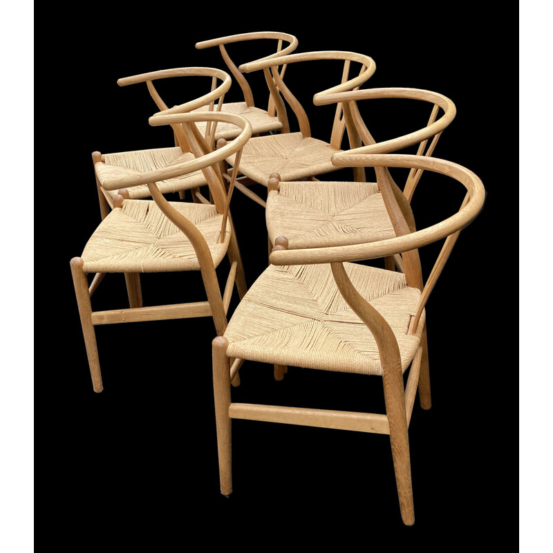 Conjunto de 6 cadeiras Wishbone vintage em madeira de Hans Wegner para Carl Hanson